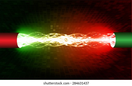Electric lightning cables. green red background with intense glowing sparkles glitter. light.Electricity,power,bolt.Technology background for computer graphic website internet .circuit. ray aura beam