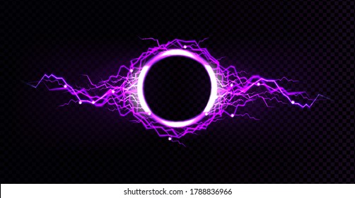 Electric lightning circle with purple glow effect. Illuminated neon round frames. Vector realistic digital ring with sparking electrical discharge isolated on transparent background