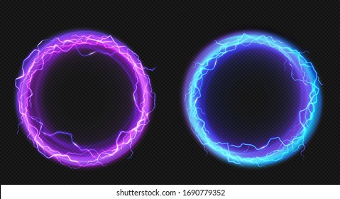 Electric lightning circles with blue and purple glow effect. Illuminated neon round frames. Vector realistic set of digital rings with sparking electrical discharge isolated on transparent background