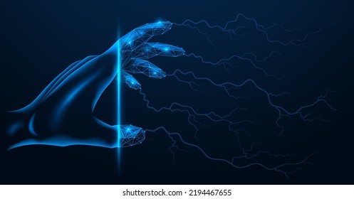 Electric lightning coming from the fingers of the hand.  Polygonal design. Blue background.