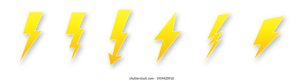 Electric lightning discharges icons. Bolt flashes with yellow geometric curves high voltage hazard and powerful vector charge thunderstorm.