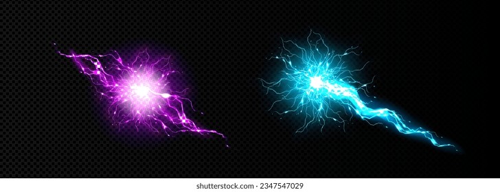 Electric lightning energy ball discharge vector. Thunder circle explosion with plasma shock transparent realistic neon 3d element. Magic power spell with thunderball hit. Burst in blue and purple