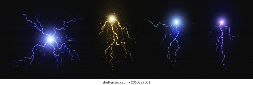 Electric lightning energy explosion ball vector. 3d thunder circle explosion light in blue, yellow and purple. Thunderbolt crack glow effect. Abstract discharge isolated on transparent background.