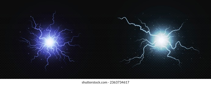 Electric lightning energy explosion ball vector. 3d thunder circle explosion light in blue, and purple. Thunderbolt crack glow effect. Abstract discharge isolated on transparent background.