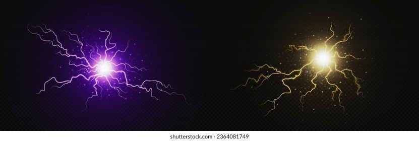 Electric lightning energy explosion ball vector. 3d thunder circle explosion light in golden yellow and purple. Thunderbolt crack glow effect. Abstract discharge isolated on transparent background.