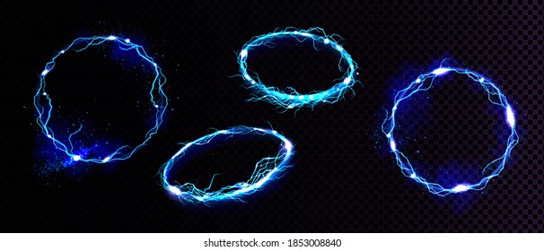 Electric lightning frames, circle digital glowing borders in front and angle view. Vector realistic set of blue round sparking discharge isolated on transparent background