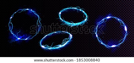 Electric lightning frames, circle digital glowing borders in front and angle view. Vector realistic set of blue round sparking discharge isolated on transparent background