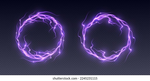 Electric lightning frames, round thunderstorm border, realistic thunderbolts, energy flash explosion isolated on dark background. Vector illustration.