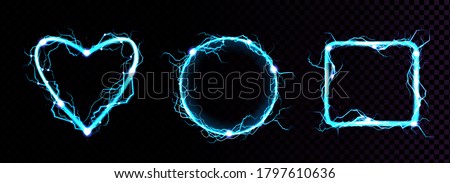 Electric lightning frames in shape of circle, heart and square. Digital glowing neon borders. Vector realistic set of blue sparking discharge isolated on transparent background