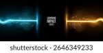 Electric lightning impact background with blue and orange energy beams colliding from both sides surrounded by glowing fog and sparks for Versus battle banner concept. Vector illustration.