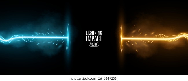 Elétrica relâmpago impacto fundo com azul e laranja feixes de energia colidindo de ambos os lados cercado por nevoeiro brilhante e faíscas para Versus batalha banner conceito. Ilustração vetorial.