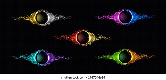 Electric lightning ring with color glow effect. Illuminated neon round frames. Vector realistic digital portals with sparking electrical discharge isolated on black background
