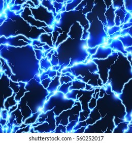 Electric Lightning Seamless Pattern On Blue. EPS 10 Vector File Included