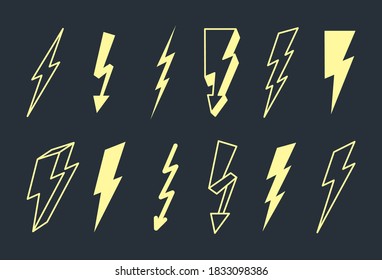 Encendedor eléctrico. Poderosos destellos amarillos en tormenta oscura con cargas peligrosas advertencia de alto voltaje gráfico con logotipos electrónicos de estilo de vida de riesgo señalización zigzag. Vector brillante.