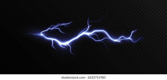 Electric lightning strike with bright blue glow on dark background. Realistic flash of electric arc for energy effects, game design and visual overlays.