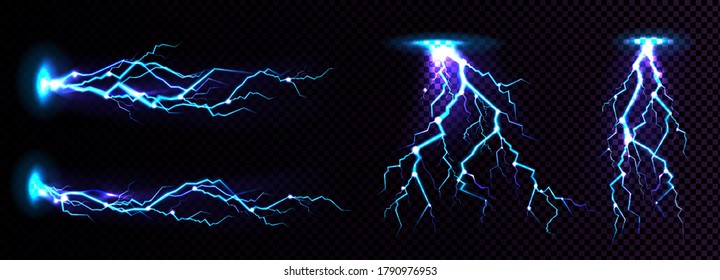 Electric lightning strike, impact place, plasma or magical energy flash in blue color isolated on black background. Powerful electrical discharge, Realistic 3d vector illustration