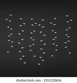 Electric lights garland hanging the element of outdoor holiday decoration, realistic vector illustration isolated on dark background. Christmas and festival street decor.