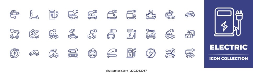 Electric line icon collection. Editable stroke. Vector illustration. Containing car, scooter, station, electric vehicle, eco friendly, low battery, electric, electric power.