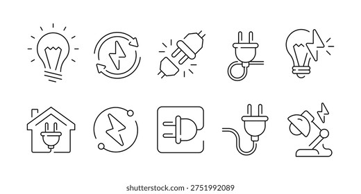 Electric Line Icon, Lightning, Plug, Energy Warning, Circuit Breaker, Power Tools, High Voltage, Socket, and Power Distribution Symbols Icon.