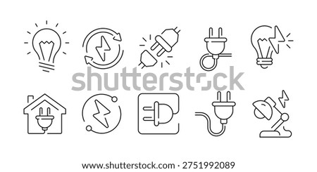 Electric Line Icon, Lightning, Plug, Energy Warning, Circuit Breaker, Power Tools, High Voltage, Socket, and Power Distribution Symbols Icon.