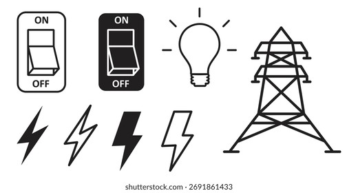 Conjunto de iconos de línea eléctrica. Ilustración vectorial de símbolos eléctricos lineales negros: perno de relámpago, bombilla e interruptor eléctrico. aislado sobre fondo blanco..eps