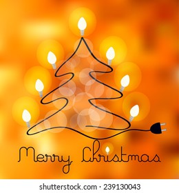 electric line and lighting bulbs christmas tree on blurry background