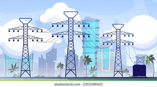 Elektrische Leitung mit Pylonen. Grid-Übertragungssystem mit Türmen und Türmen. Stromnetz-Infrastruktur-Vektorkonzept. Stadtlandschaft mit Elektrizitätsnetzbau, Transformator mit Ausrüstung