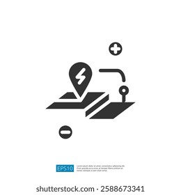 Electric Location Pin Icon with Map and Navigation Elements Representing Geolocation Technology and Modern Travel Exploration