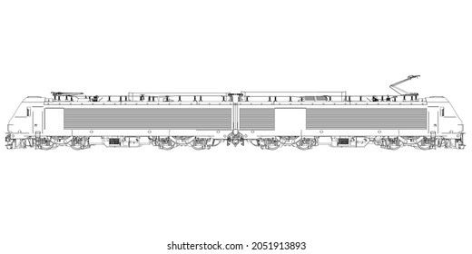 Contorno de locomotora eléctrica a partir de líneas negras aisladas en fondo blanco. Un tren detallado. Vista lateral. Ilustración del vector