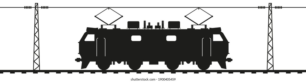 Electric locomotive on rails under the contact wire. Railroad electric poles with overhead lines. Black silhouette isolated on white. Railway transport vector art.
