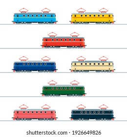 Electric locomotive. Side view. Vector Illustration in different colors