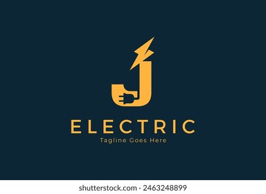 Electric Logo, abstract letter J with lightning bolt and plug combination, tunder bolt design logo template, vector illustration