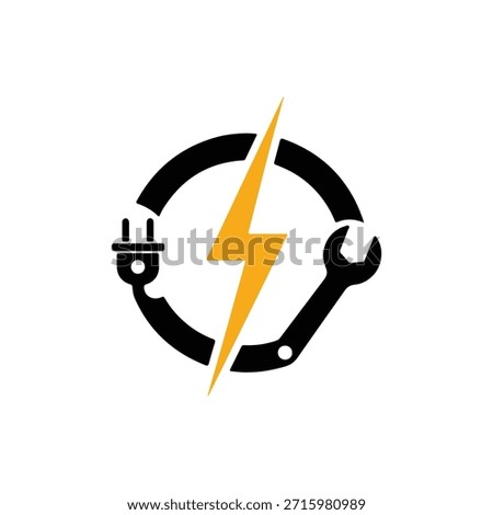 Electric logo design, black and yellow icon of a lightning bolt with a wrench and plug