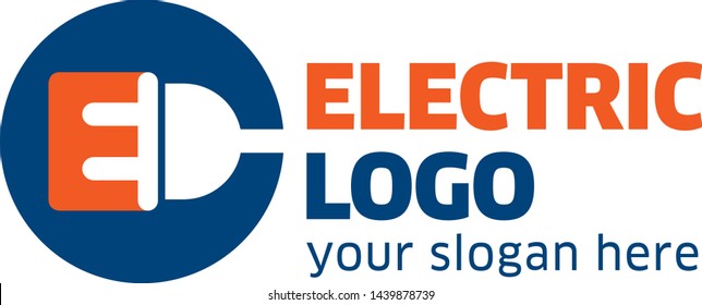 Electric Logo Design Template With Electric Plug And E Letter Together In A Round Frame. Vector.