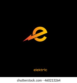 Electric logo. E monogram. Orange letter with lightning on a dark background.