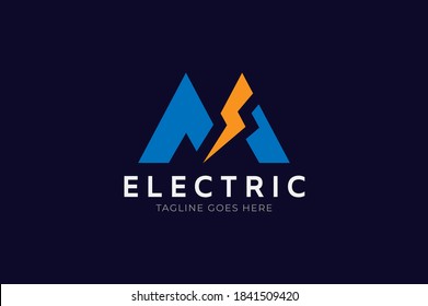 Electric logo, letter M with thunder bolt inside, Flat Logo Design Template, vector illustration