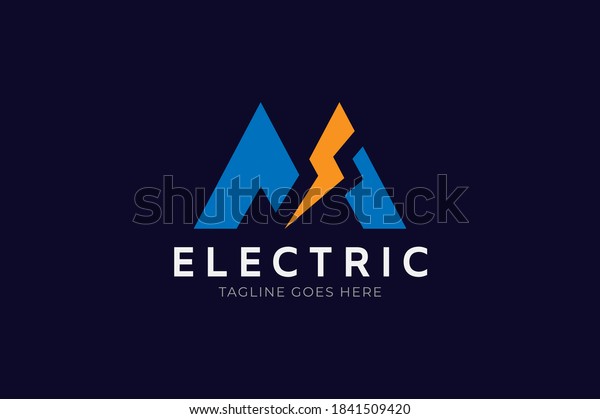 Electric logo, letter M with thunder\
bolt inside, Flat Logo Design Template, vector\
illustration