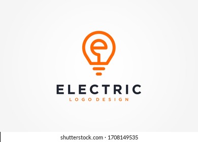 Electric Logo. Linear Light Bulb with Initial Letter E inside. Usable for Business, Electricity, Industrial and Technology Logos. Flat Vector Logo Design Template Element.