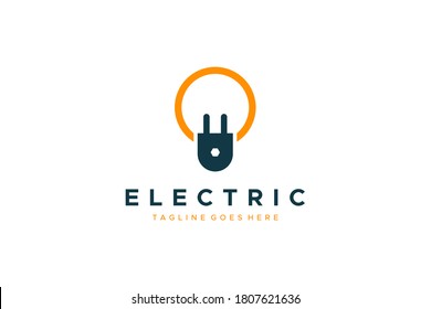 Electric Logo. Linear Light Bulb with Plug Icon Combination isolated on White Background. Usable for Business, Electricity, Industrial and Technology Logos. Flat Vector Logo Design Template Element