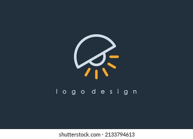 Logotipo eléctrico. Bombilla lineal con Rayos aislados en fondo azul. Usable para Logos de Negocios, Electricidad, Industriales y Tecnológicos. Elemento de plantilla de diseño de logotipo de vectores planos.