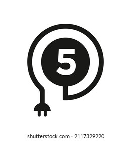 Electric Logo On Letter 5 Sign. 5 Letter Logo with Curl Cable and Plug Adapter, Electricity, Industrial and Technology Vector Template
