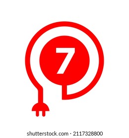 Logotipo Eléctrico En El Signo De La Letra 7. Logotipo de 7 letras con adaptador de cable y enchufe, plantilla de vectores eléctricos, industriales y tecnológicos