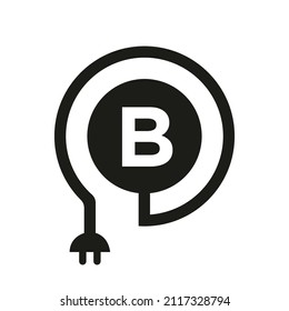 Electric Logo On Letter B Sign. B Letter Logo with Curl Cable and Plug Adapter, Electricity, Industrial and Technology Vector Template