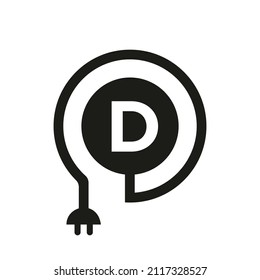 Electric Logo On Letter D Sign. D Letter Logo with Curl Cable and Plug Adapter, Electricity, Industrial and Technology Vector Template