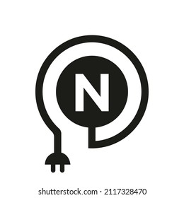 Electric Logo On Letter N Sign. N Letter Logo with Curl Cable and Plug Adapter, Electricity, Industrial and Technology Vector Template