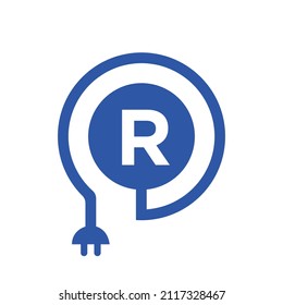 Electric Logo On Letter R Sign. R Letter Logo with Curl Cable and Plug Adapter, Electricity, Industrial and Technology Vector Template