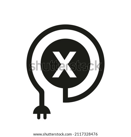 Electric Logo On Letter X Sign. X Letter Logo with Curl Cable and Plug Adapter, Electricity, Industrial and Technology Vector Template