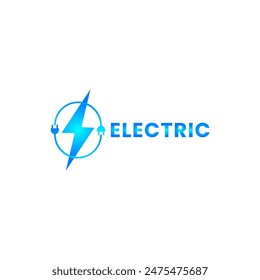 Electric logo vector icon. 3D Electricity power logo with wires plugs and thunder sign isolated on white background