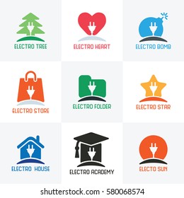 Electric Logos Collection, tree, hart, bomb, store, folder, star, hose, home, school, academy, sun