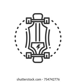 Electric longboard - line design single isolated icon on white background. Popular modern transporter with a motor. High quality image, pictogram